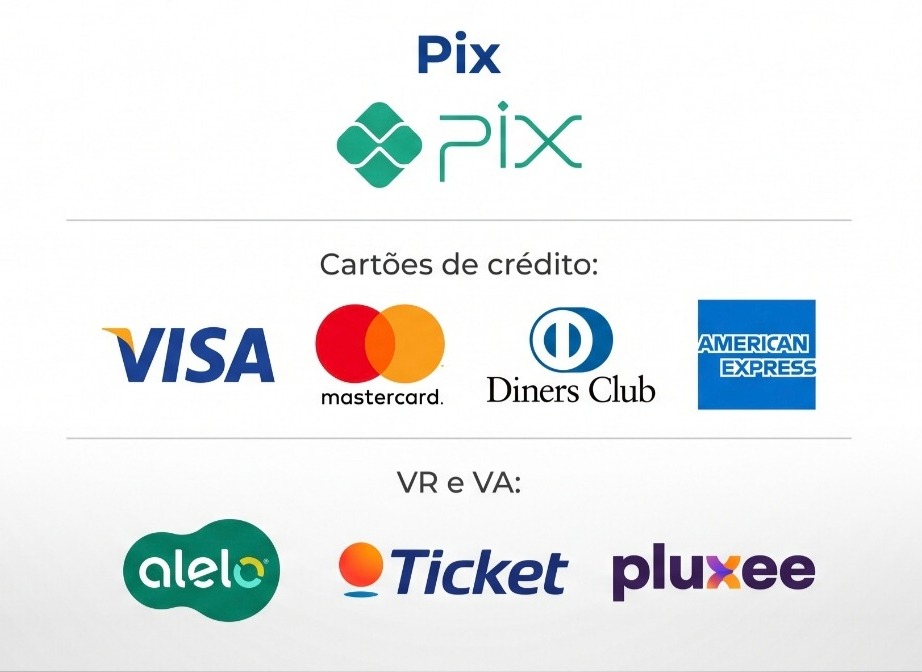 Formas de Pagamento Aceitas: Pix, Visa, Mastercard, Diners Club, American Express, Alelo, Ticket, Pluxee